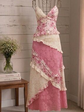For Love & Lemons Rosalyn Lace Pink Floral Patchwork Maxi Dress S